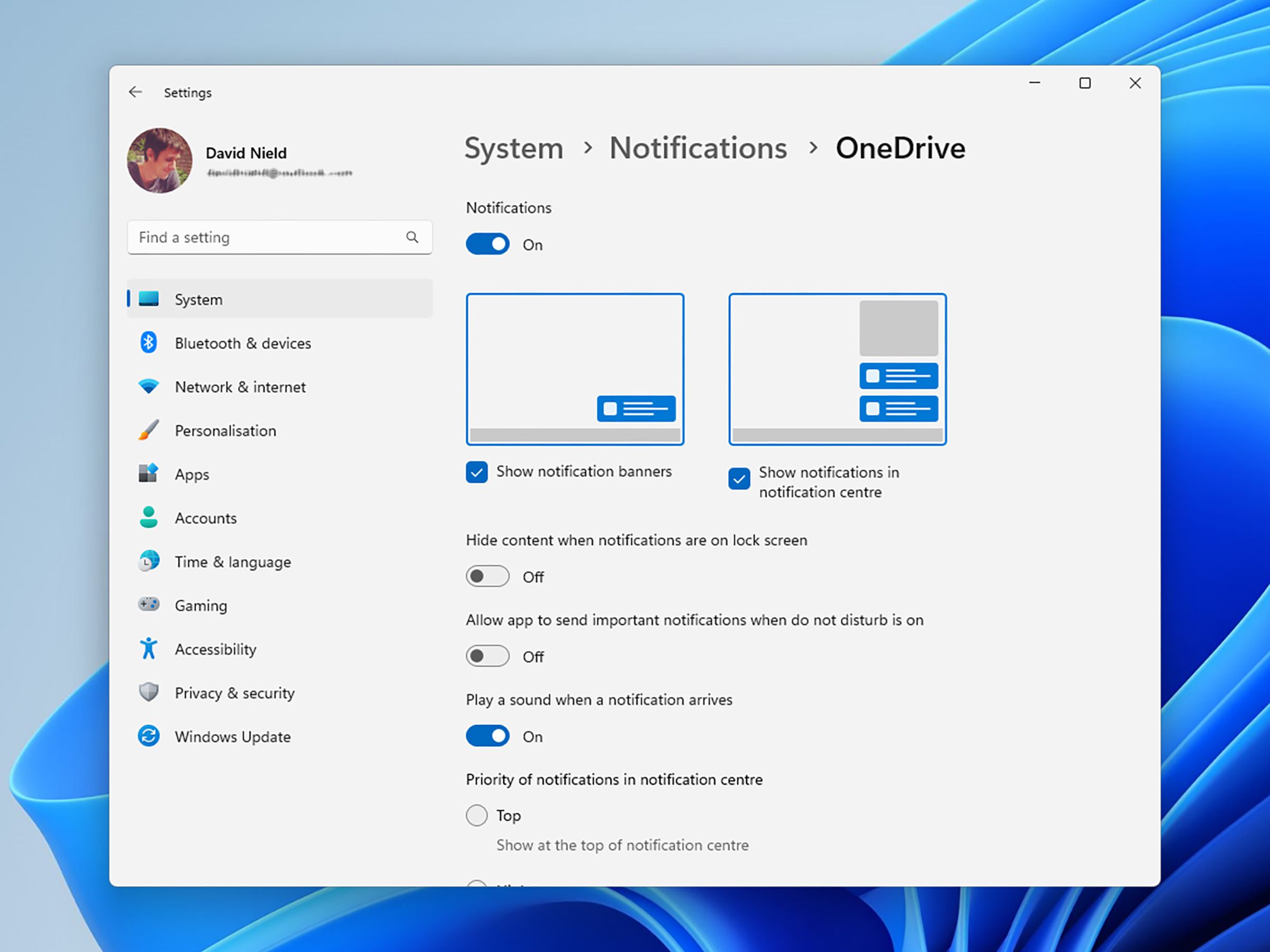 The System > Notifications > OneDrive page with a variety of features toggled on and off.