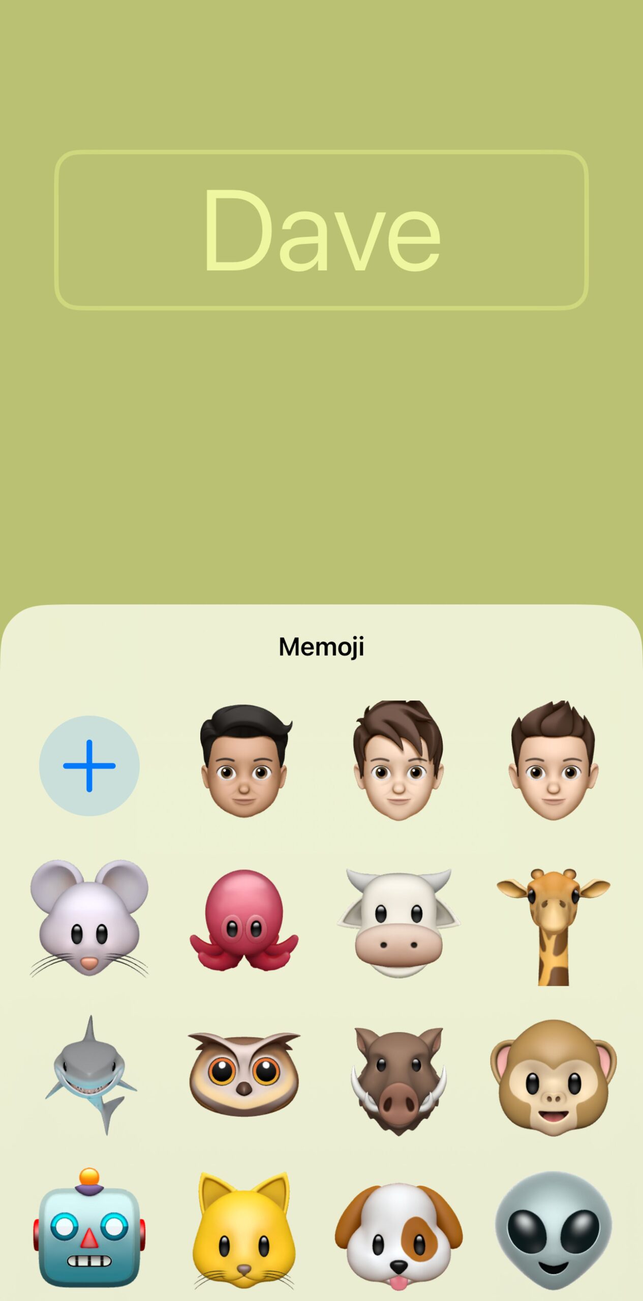 Screen with the word Dave on top, and various different Memoji images on the bottom half.