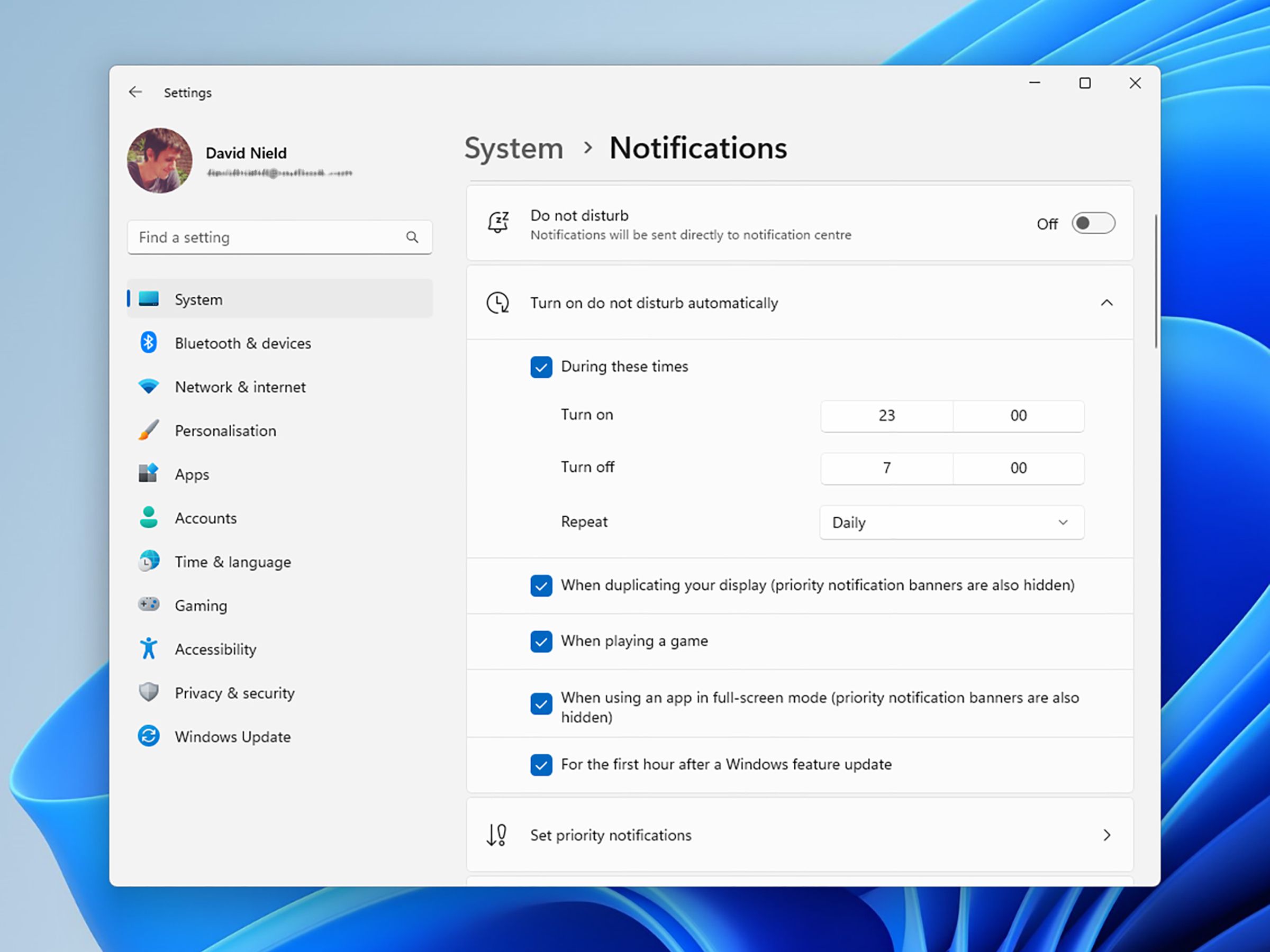 System > Notifications page on Windows PC showing various options for Do not disturb