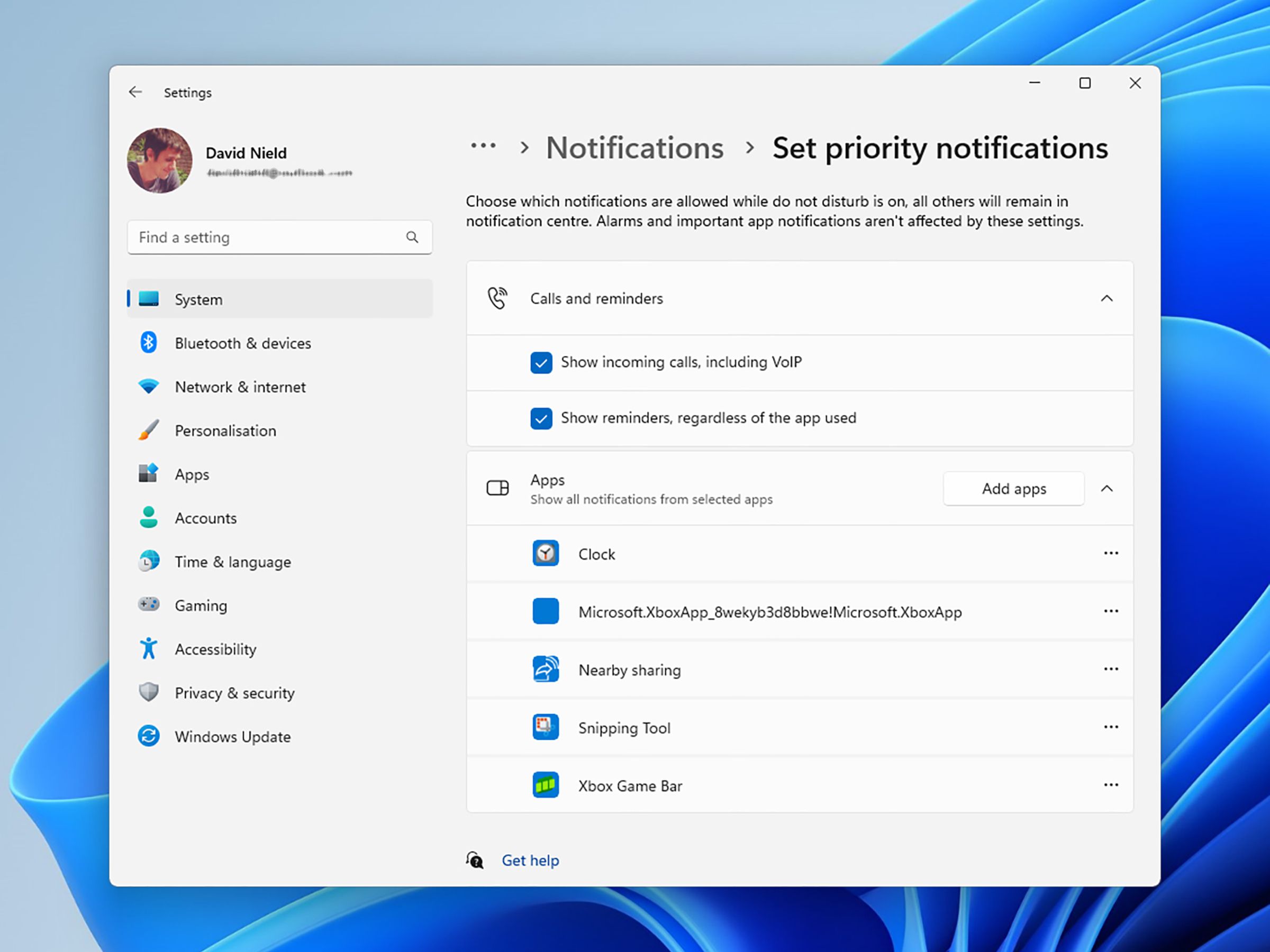 Notifications  > Set priority notifications page with settings for Calls and reminders and for Apps