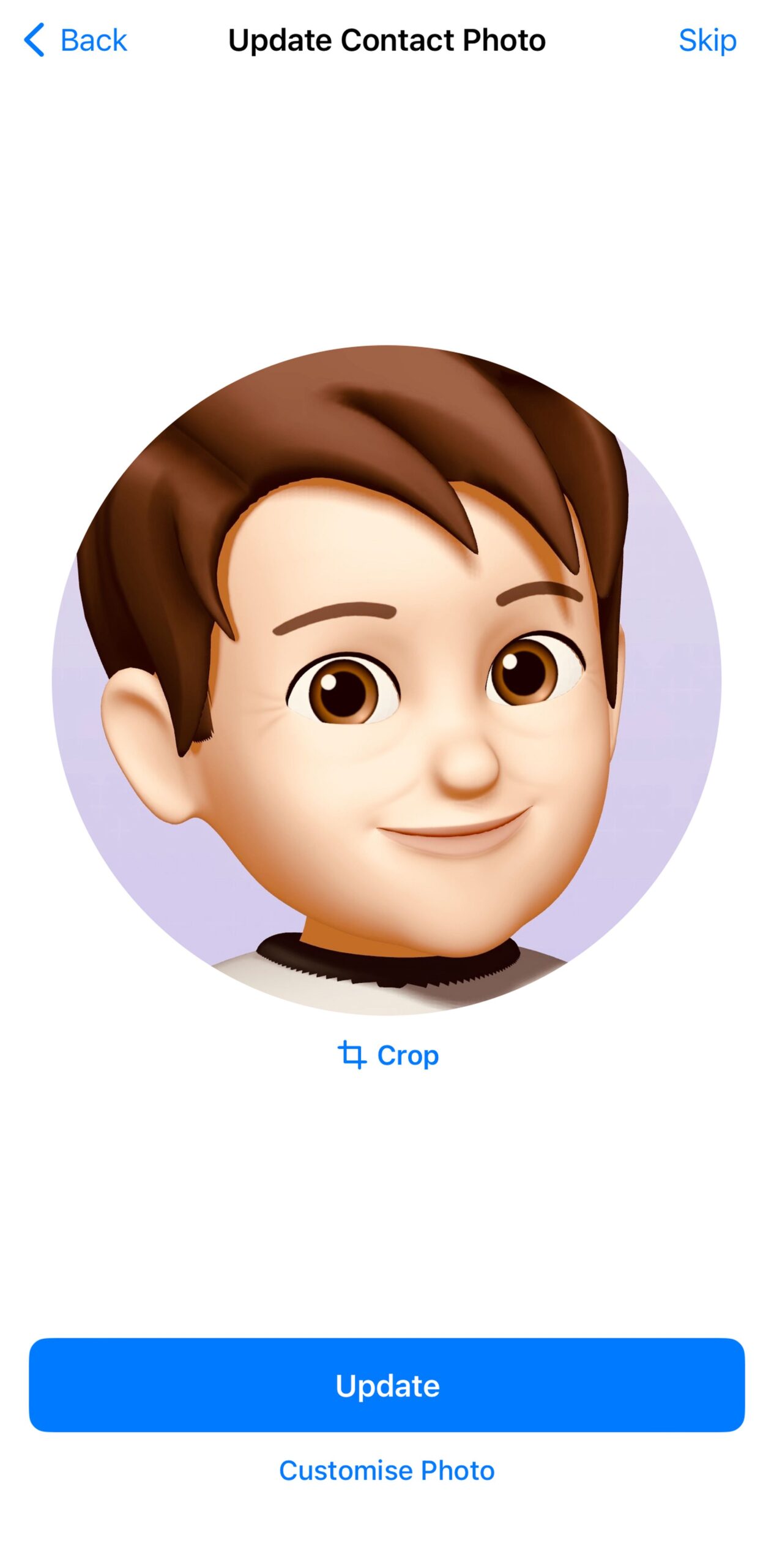 A circle with an image of a boy with brown eyes and hair and an update button below that.