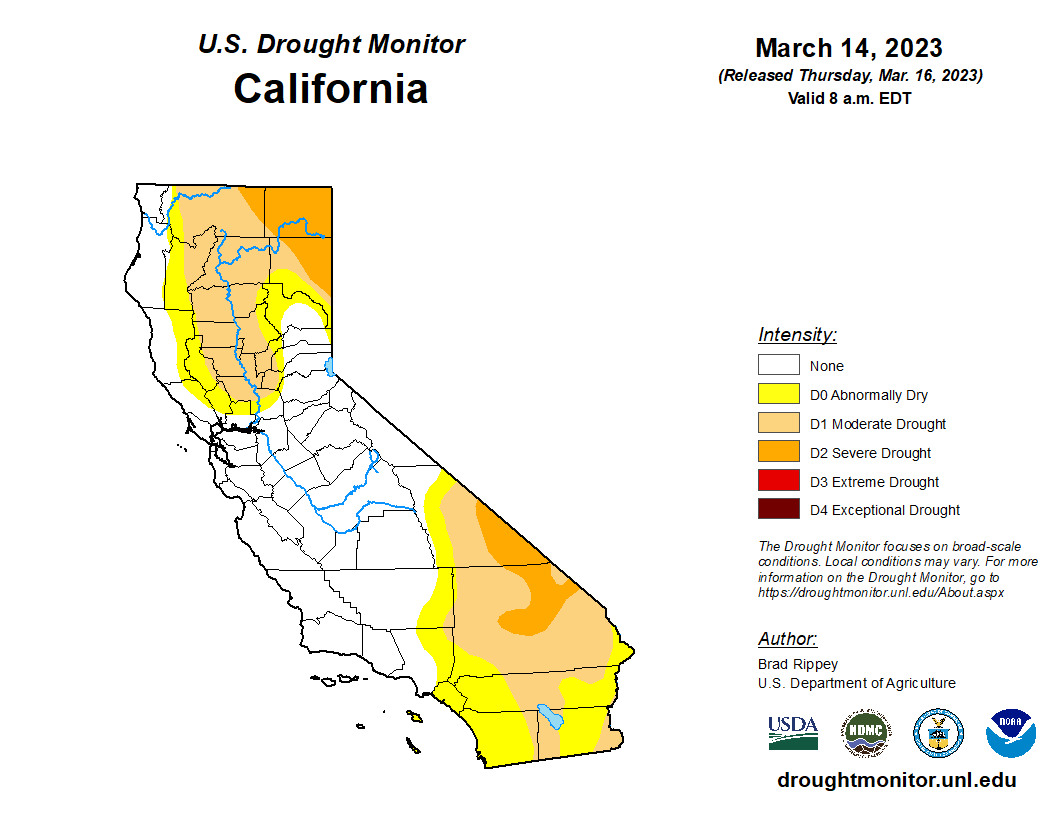 A map of California, with much of it white indicating the absence of drought. Some parts of the state are shaded in yellow and orange to denote conditions ranging from “abnormally dry” to “severe drought.”