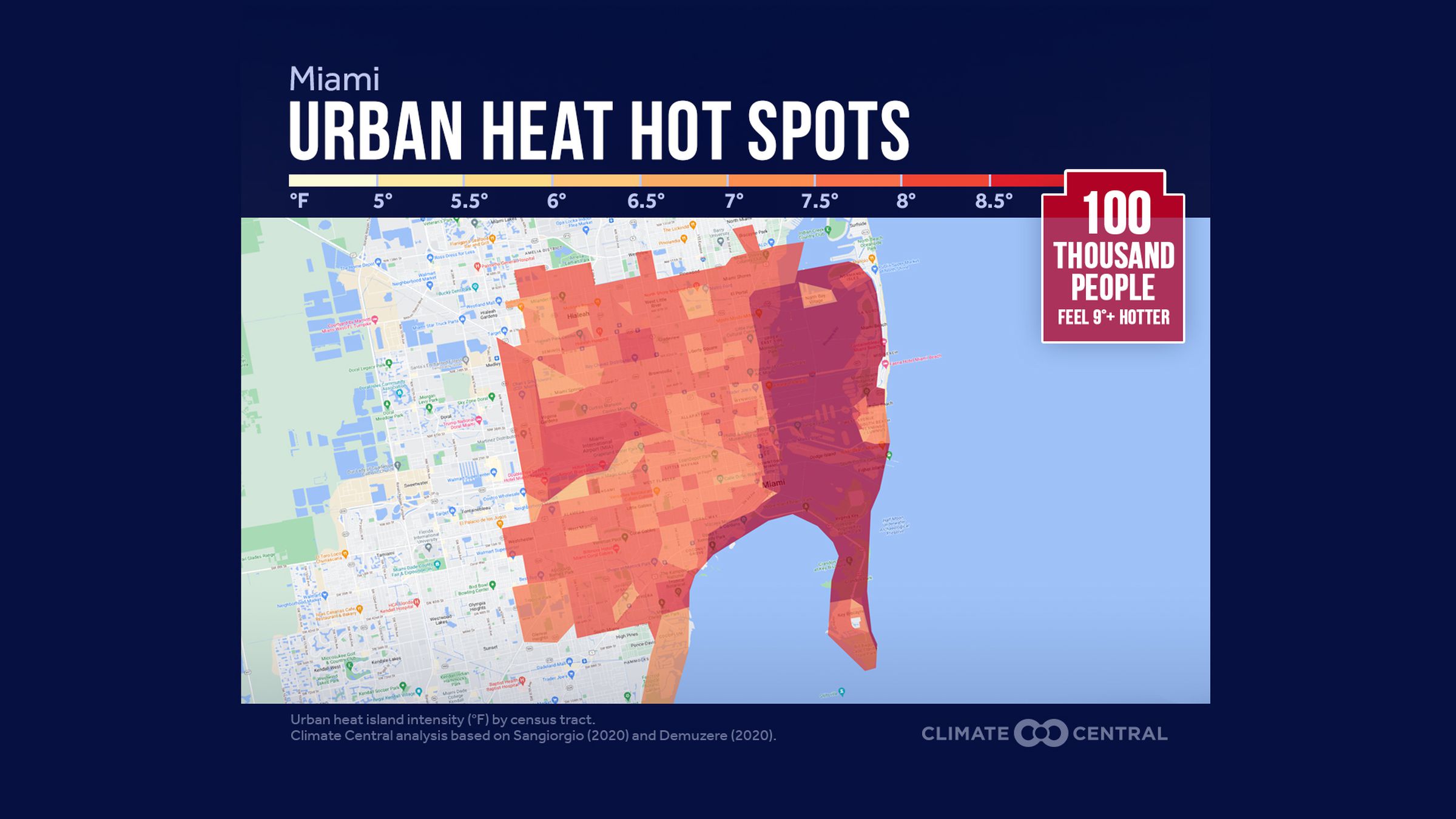 A map of Miami that’s shaded yellow to red to show which neighborhoods are hottest.