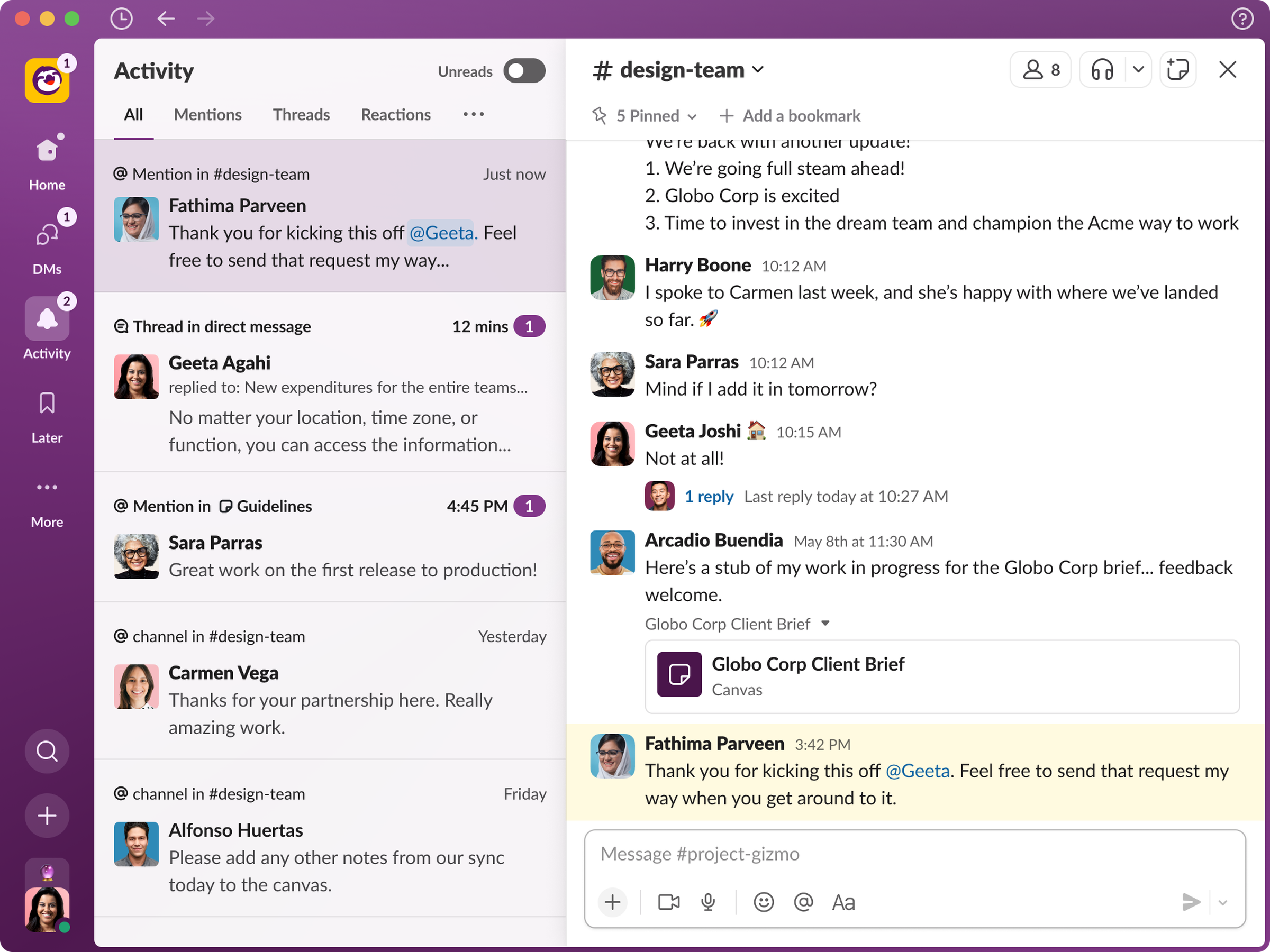 A screenshot of the Activity feed in Slack, showing all recent mentions.