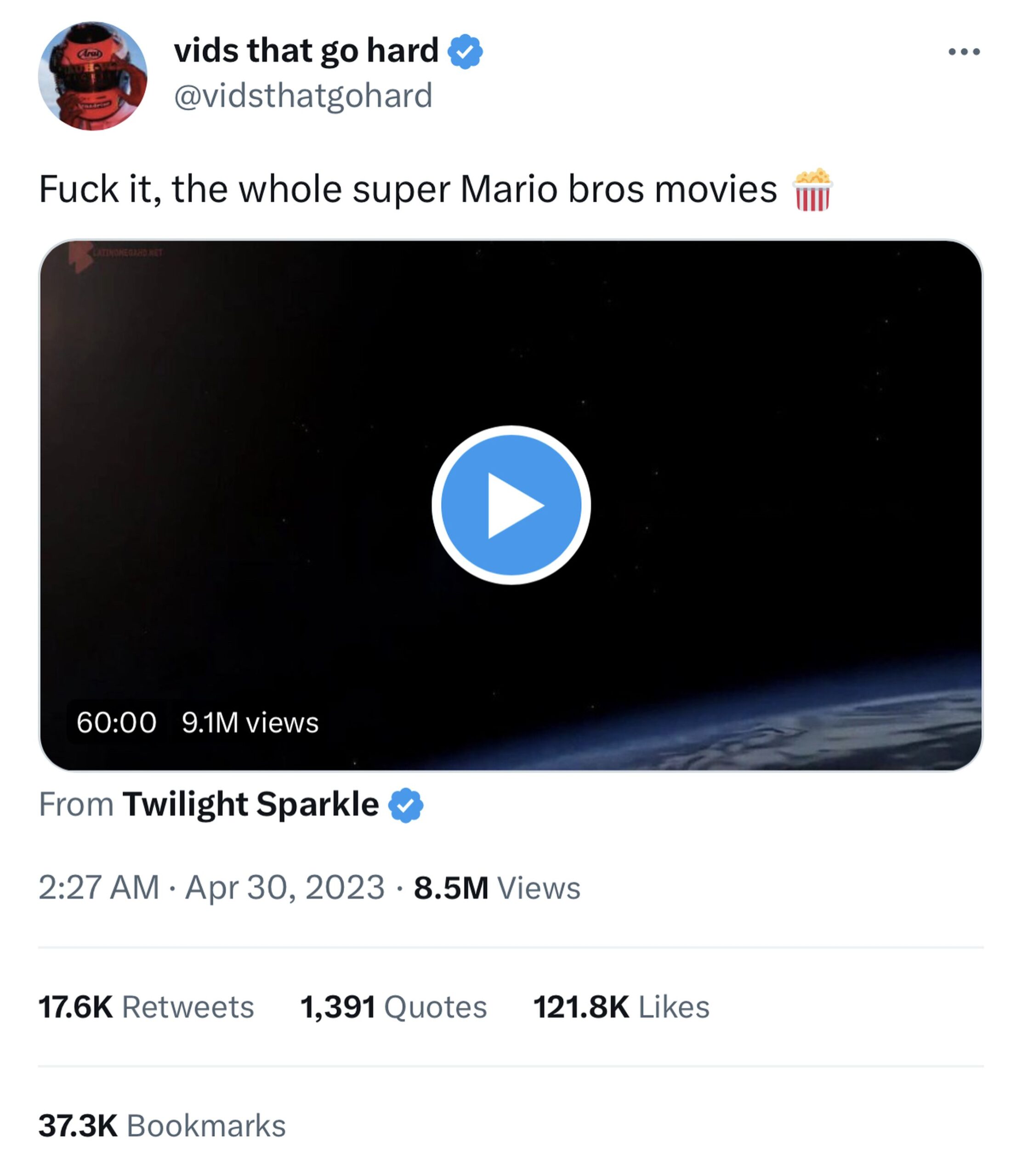 A post of the entire Super Mario Bros movie on Twitter with 8.5 million views