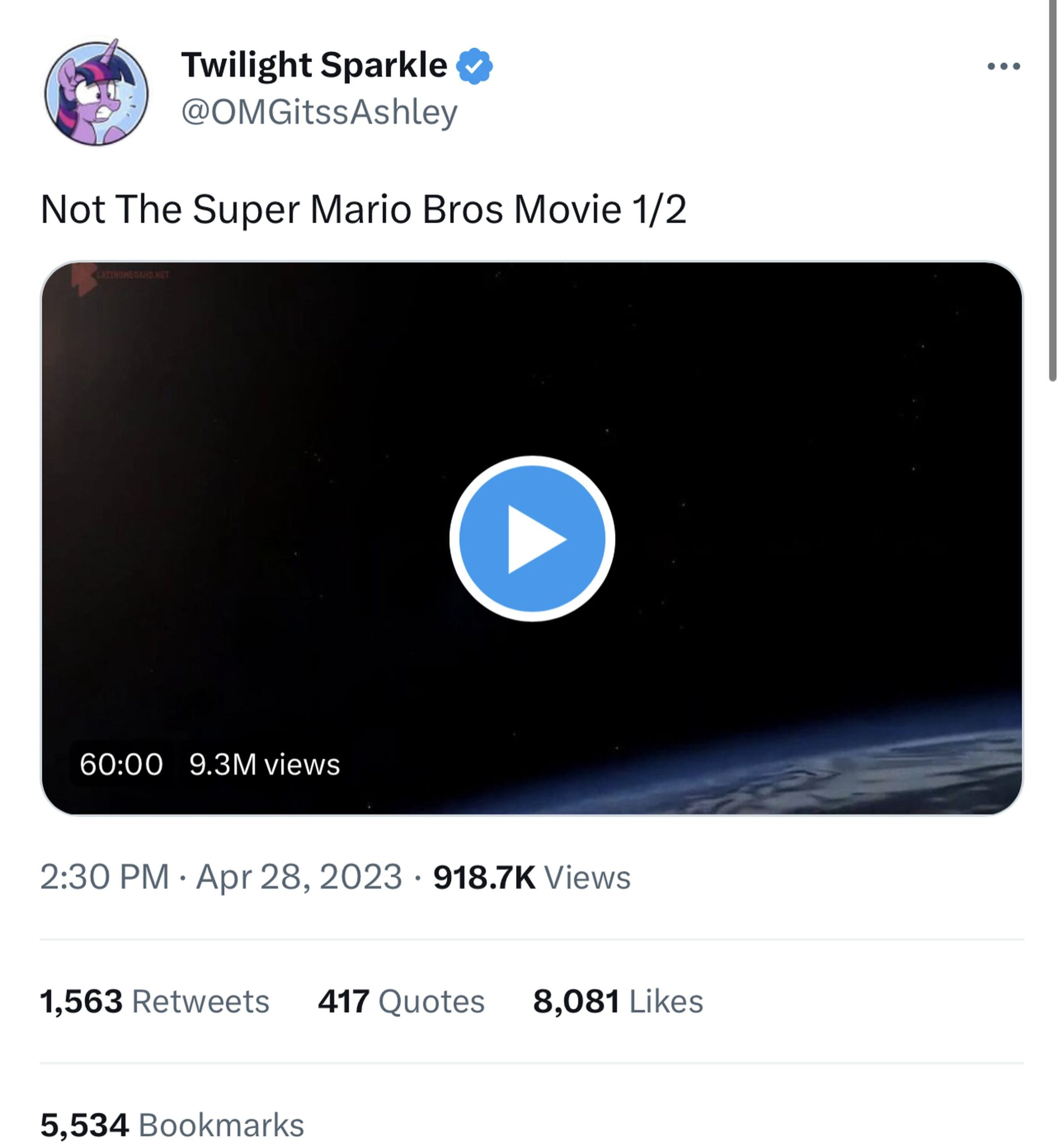 A tweet of the entire Super Mario Bros Movie, with 9.1 million views