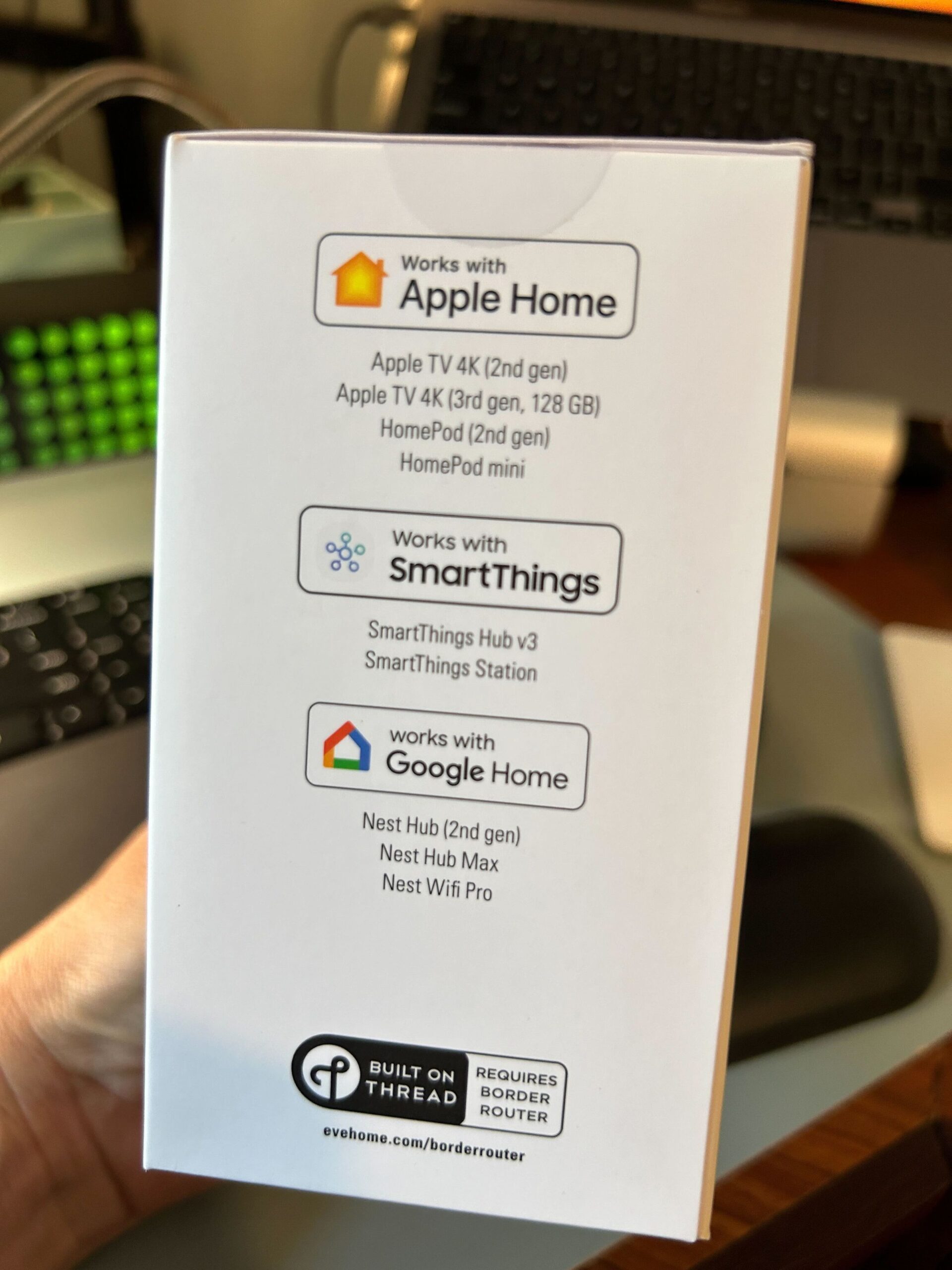 The side of this Matter-over-Thread Eve Energy smart plug box describes your options for the device you need to set it up. Yes, it’s a little confusing!
