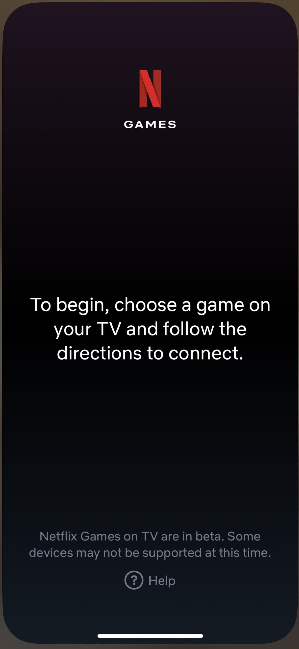 screenshot of the Netflix remote app, says games on tv is in beta and to choose a game on your tv and follow directions.