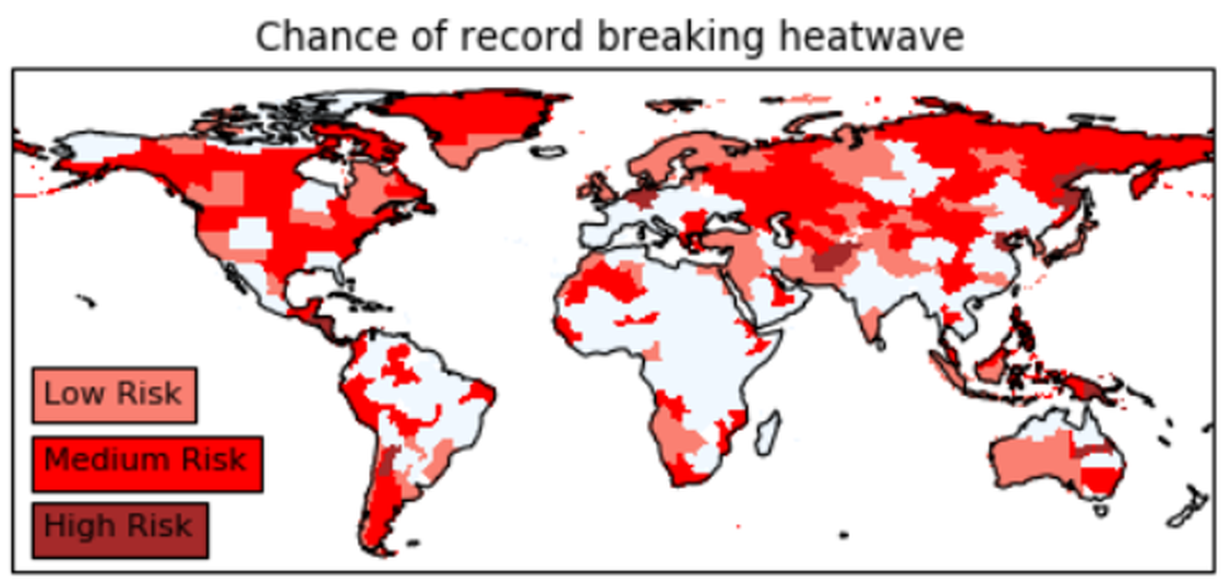 A map showing where record-breaking heatwaves are most likely, according to the new research. Regions of “low risk” have already experienced heatwaves that seemed implausible before they occurred.