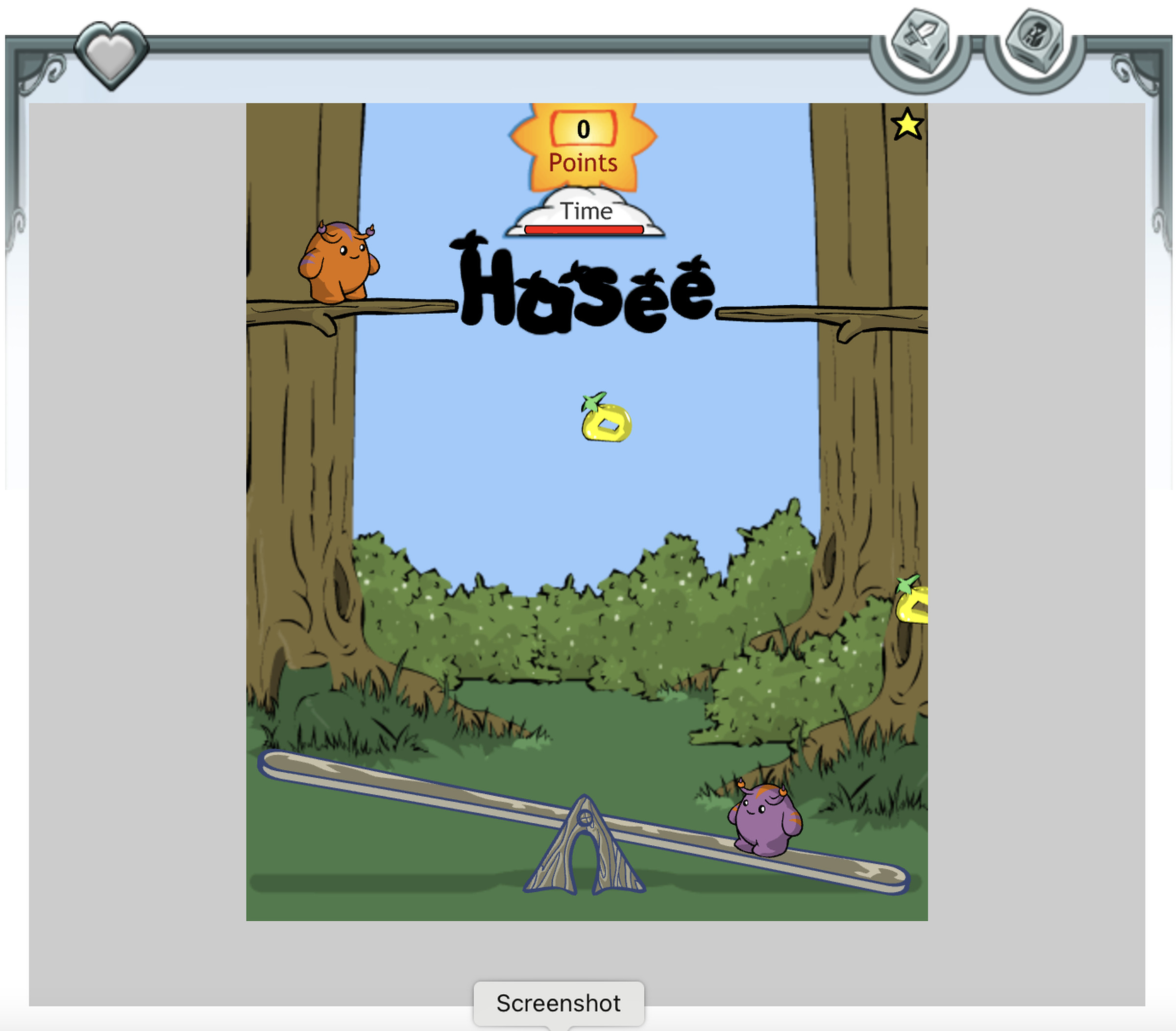 Screenshot from the neopets.com browser game Hasee Bounce featuring to short rotund creatures standing in a forest as colorful donut fruits scroll by.