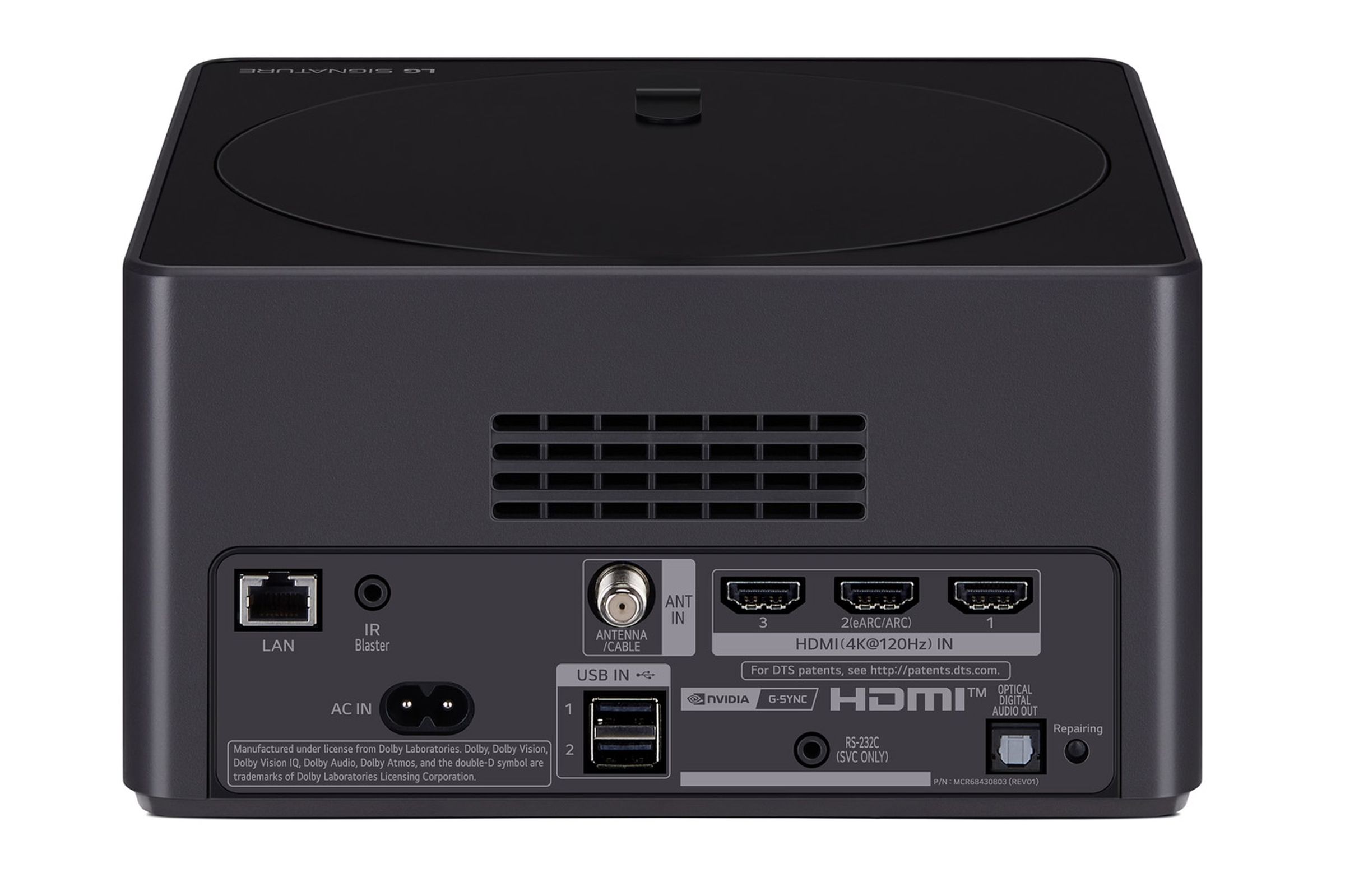 The back of LG’s Zero Connect Box, showing three HDMI ports, USB, Ethernet, and Optical audio.