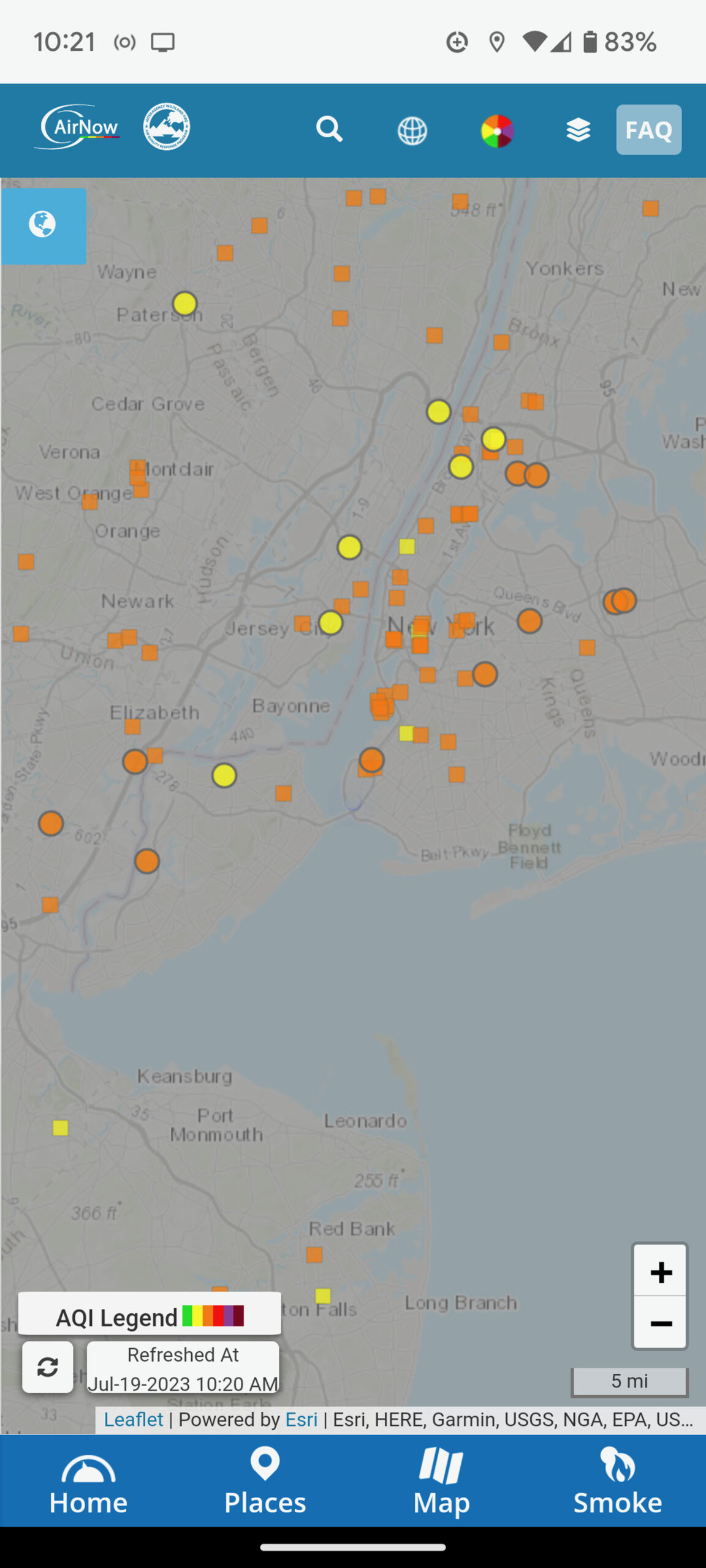 Map from AirNow showing orange and yellow dots indicating air conditions in the NYC area.