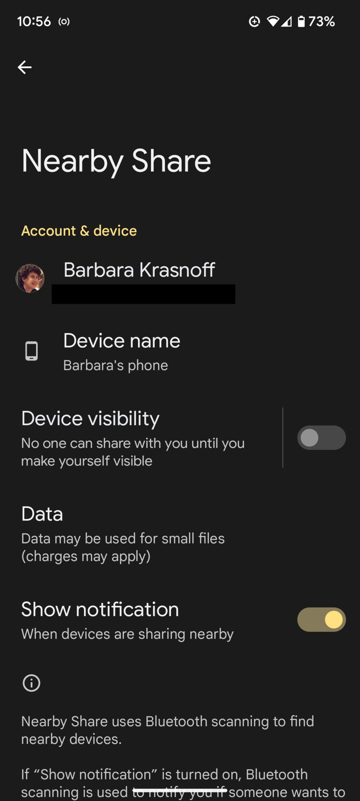 Nearby Share page with the user’s name, Device Name, and other options, Device visibility is toggled off.