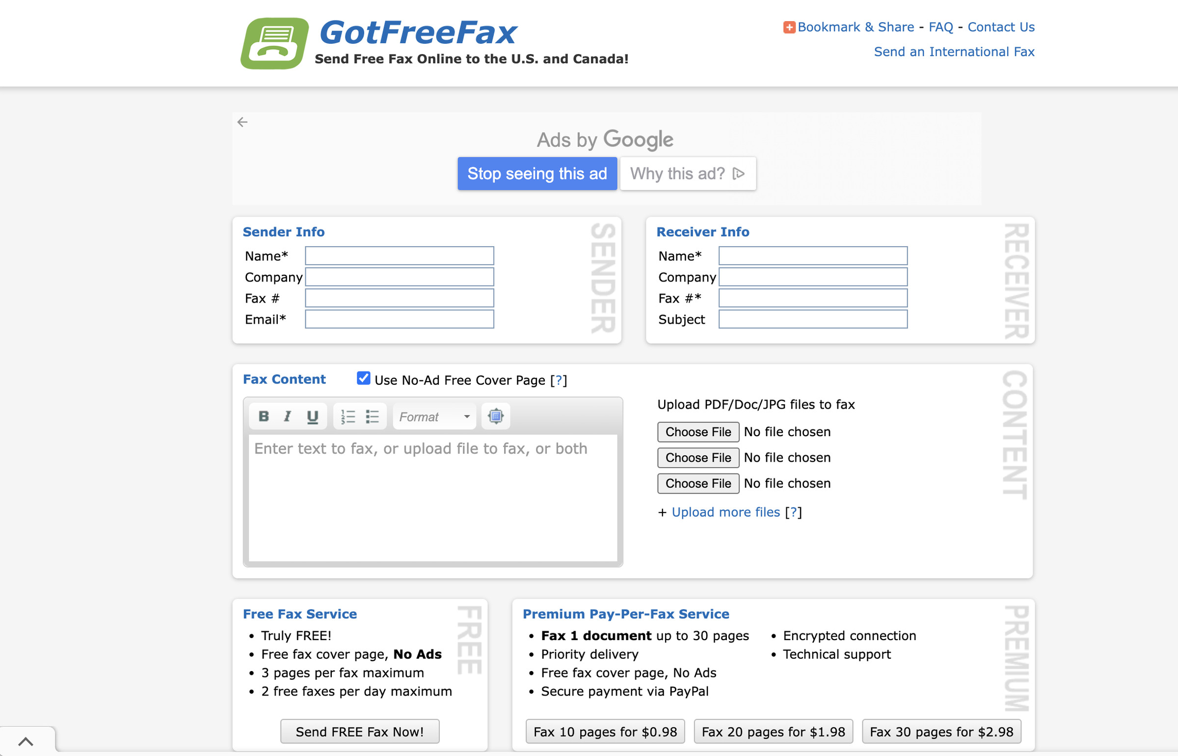 Page headed GotFreeFax with fields below for sender’s and receiver’s information, a box on the left for the cover sheet message, and buttons on the right to select files to upload.