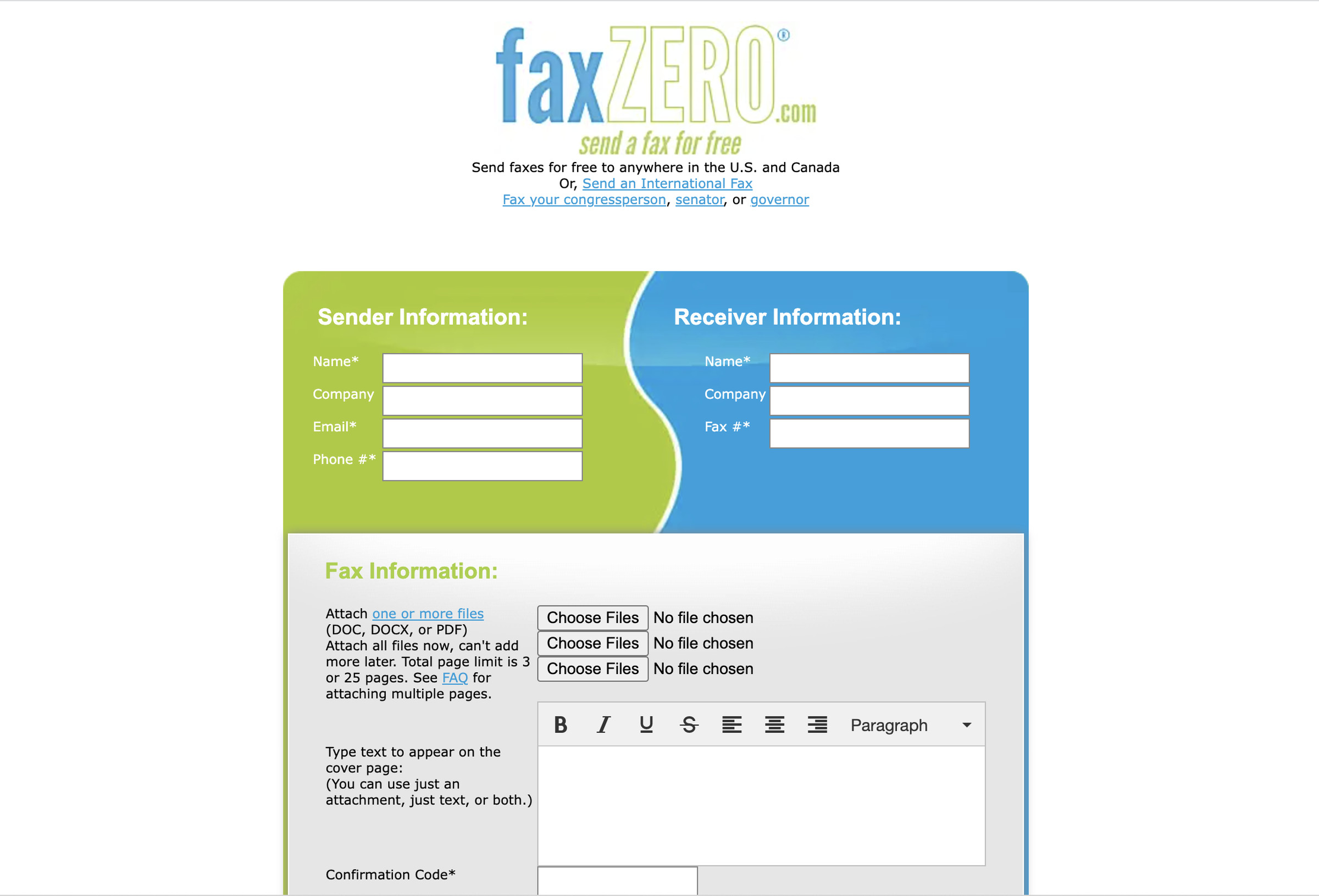 FaxZero page with a box that asked for Send information on the top left, Receiver information on the top right, and Fax information below, with buttons to add files and a box in which to write text for a cover page.