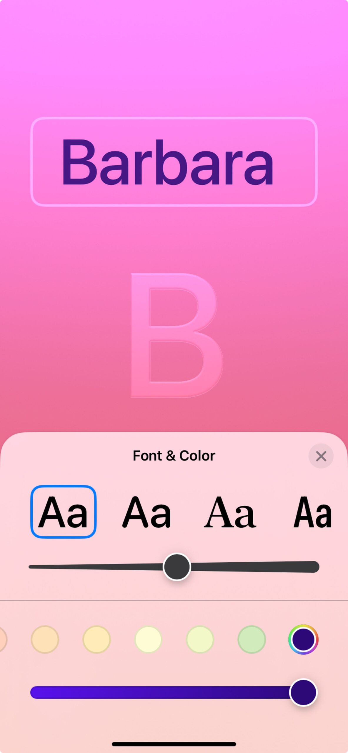 PInk-purple background with the name Barbara on top and the initial B in a circle with font and color controls on the bottom.