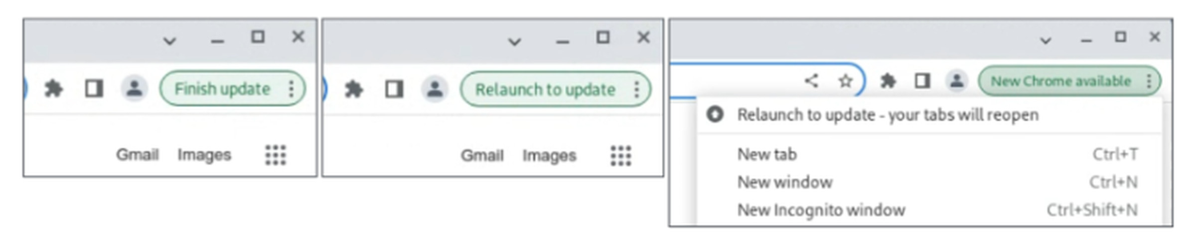 windows of chrome with menu coming from green update available banner