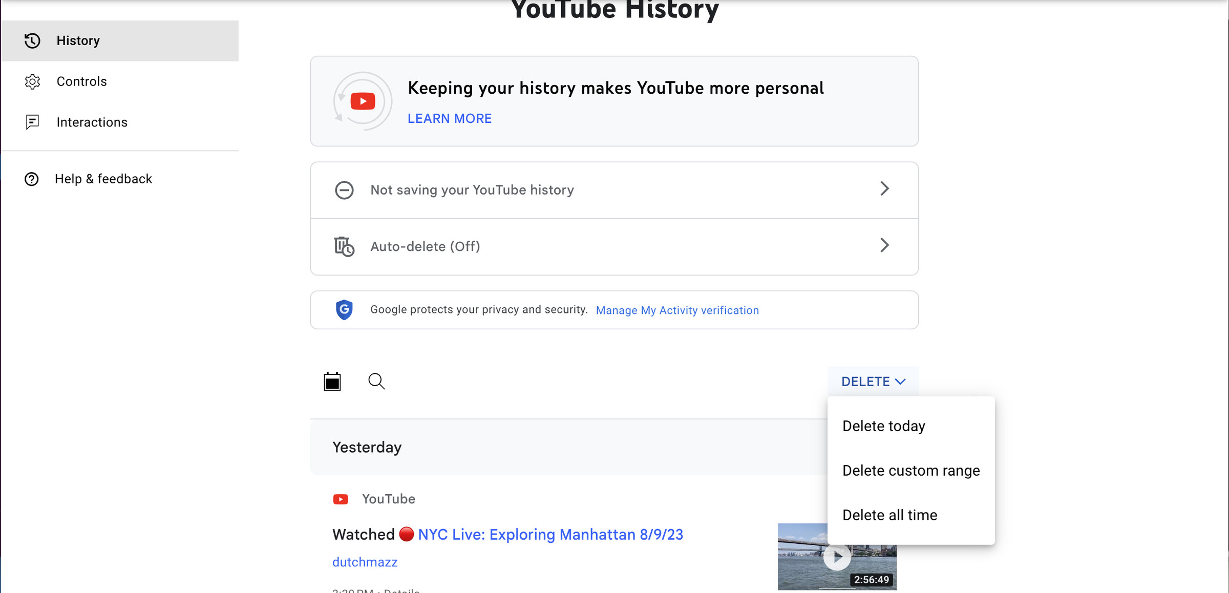 Page with YouTube History on top, a menu at left, several choices, and a Delete button near the center with a drop-down menu saying Delete today, Delete custom range, Delete all time.