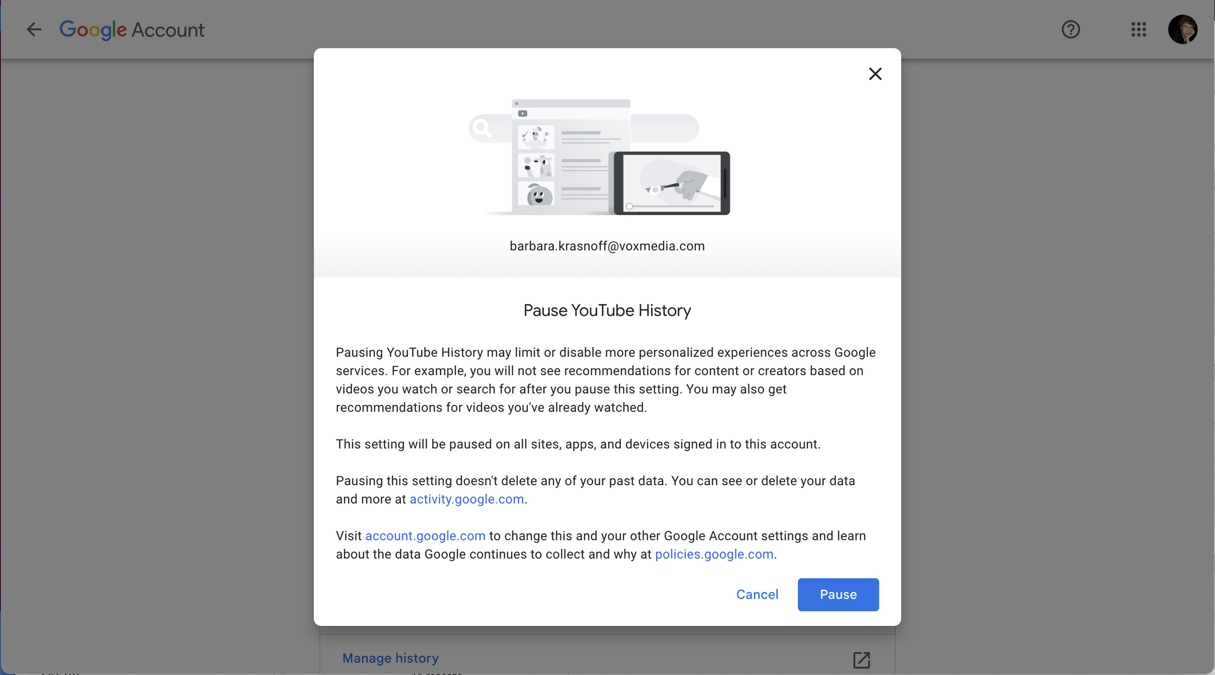 Graphic of YouTube screen, then a subhead “Pause YouTube History, then several paragraphs of text, at the bottom a Pause button in blue.