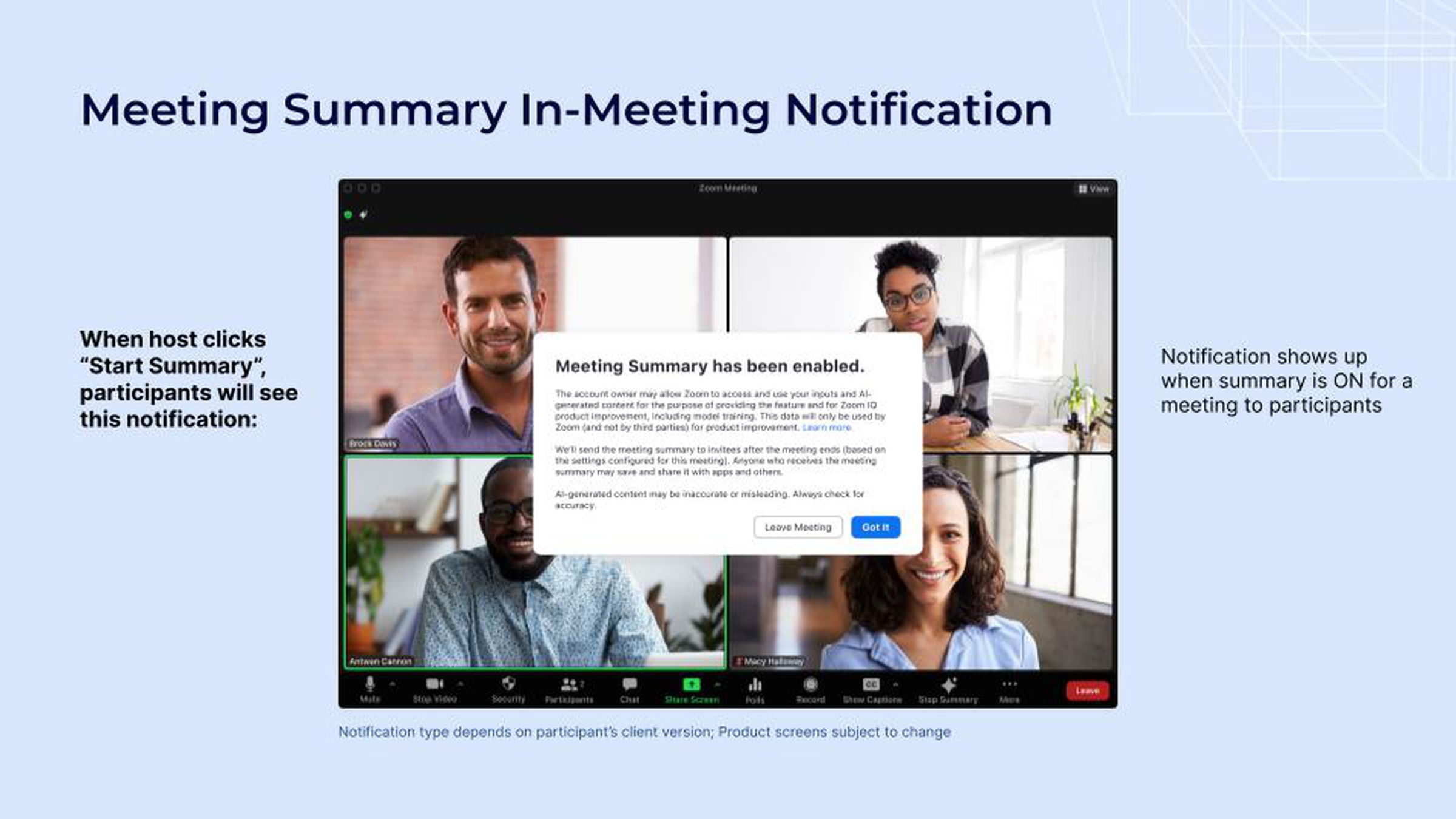 A screenshot showing Zoom’s in-meeting notification when it’s using data for its meeting summaries feature.