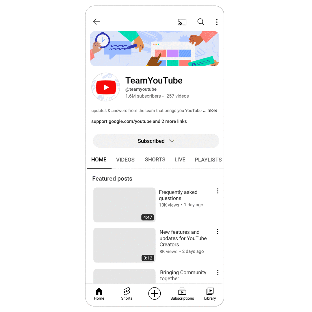 A gif displaying where a dedicated space for links will be located on YouTube channels starting August 23rd.