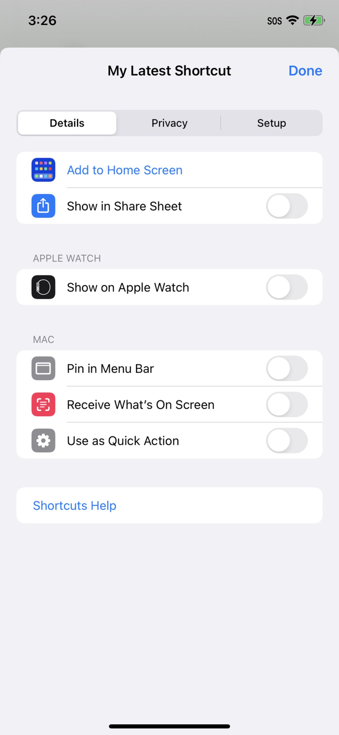 Shortcut details and other features.