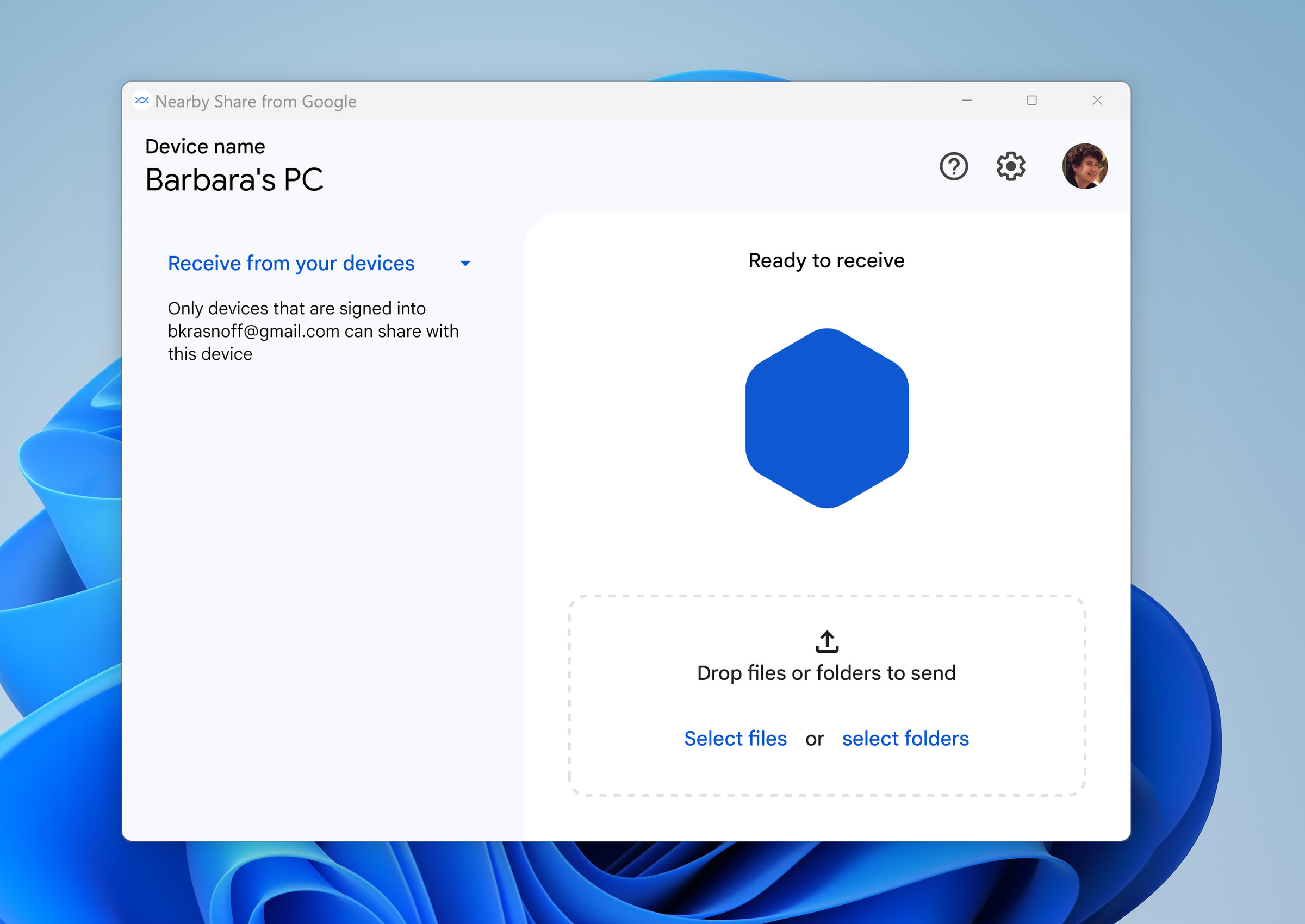 Windows labeled Nearby Share Beta from Google, Device name Barbara’s PC; a Ready to receive title with a geometric shape below it, and Drop files and folders to send below that.
