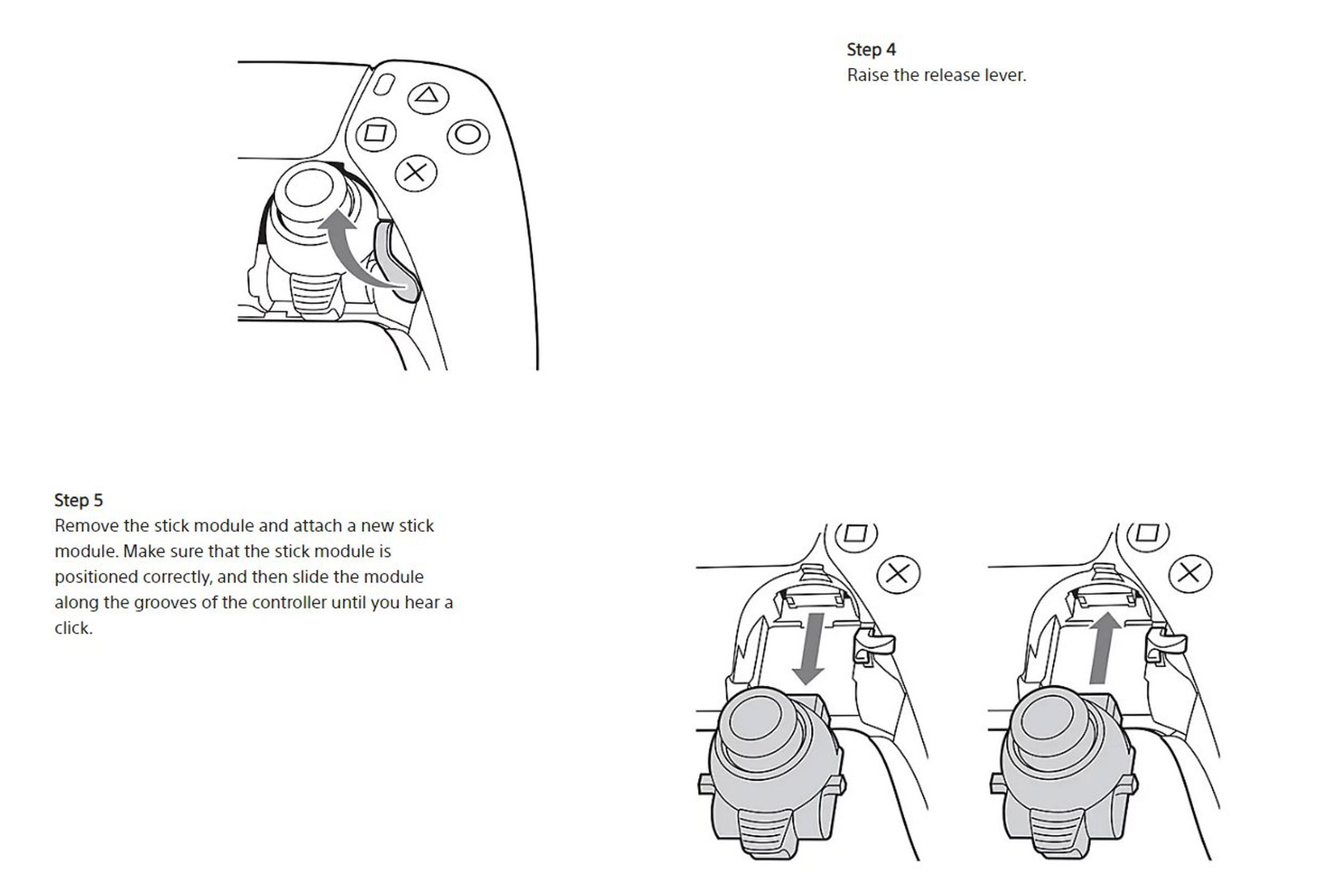 Instructions showing how to replace the joystick module in a Sony dualSense Edge controller, bt sliding a release latch over, and then swapping in the new part,