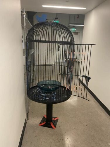 Black wrought iron cage with an open door. A Twitter bird is welded to the top and there is a bowl inside with clear acrylic, made to look like water.