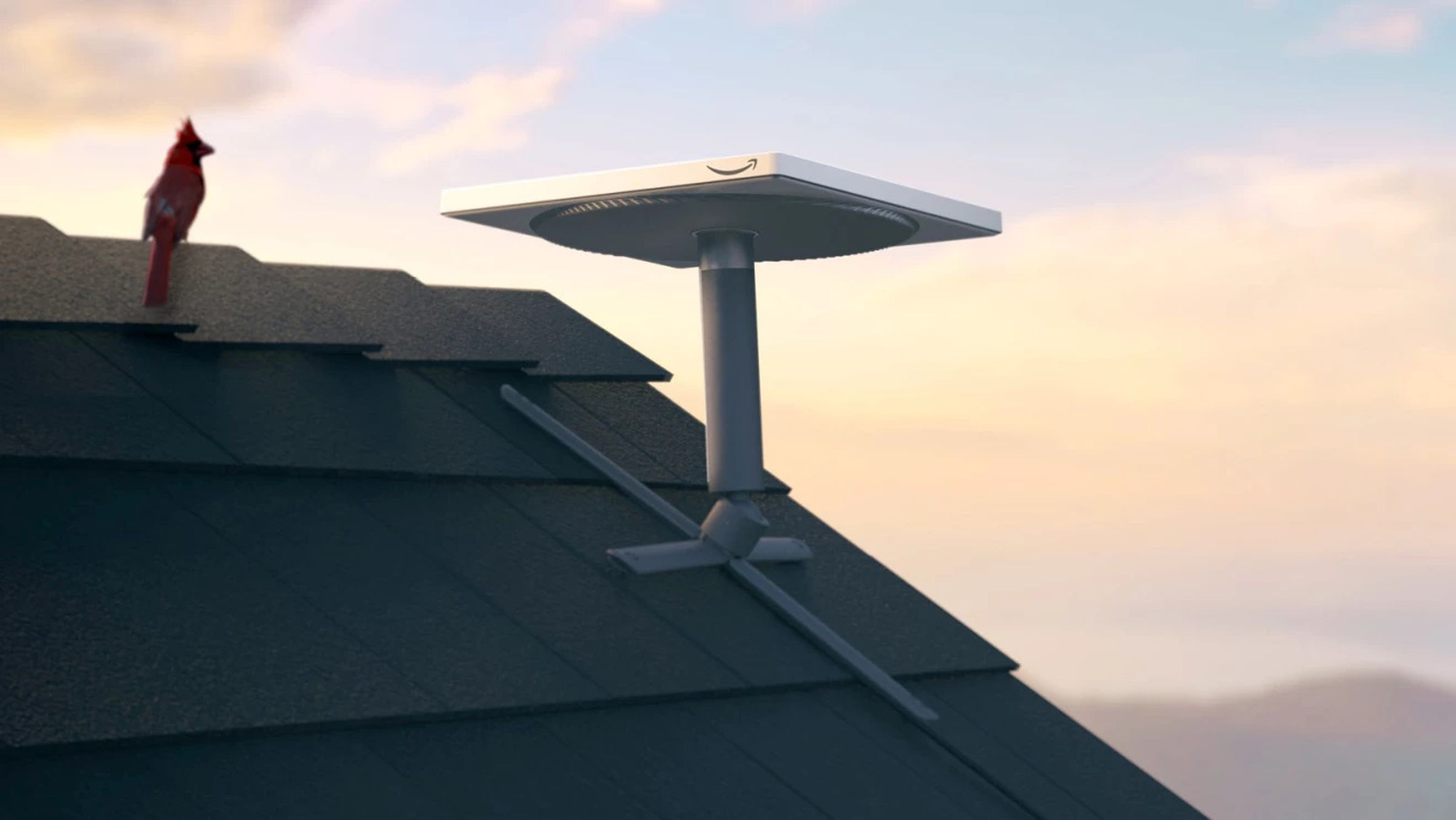 An image showing Amazon’s Project Kuiper customer terminal on the roof of a home