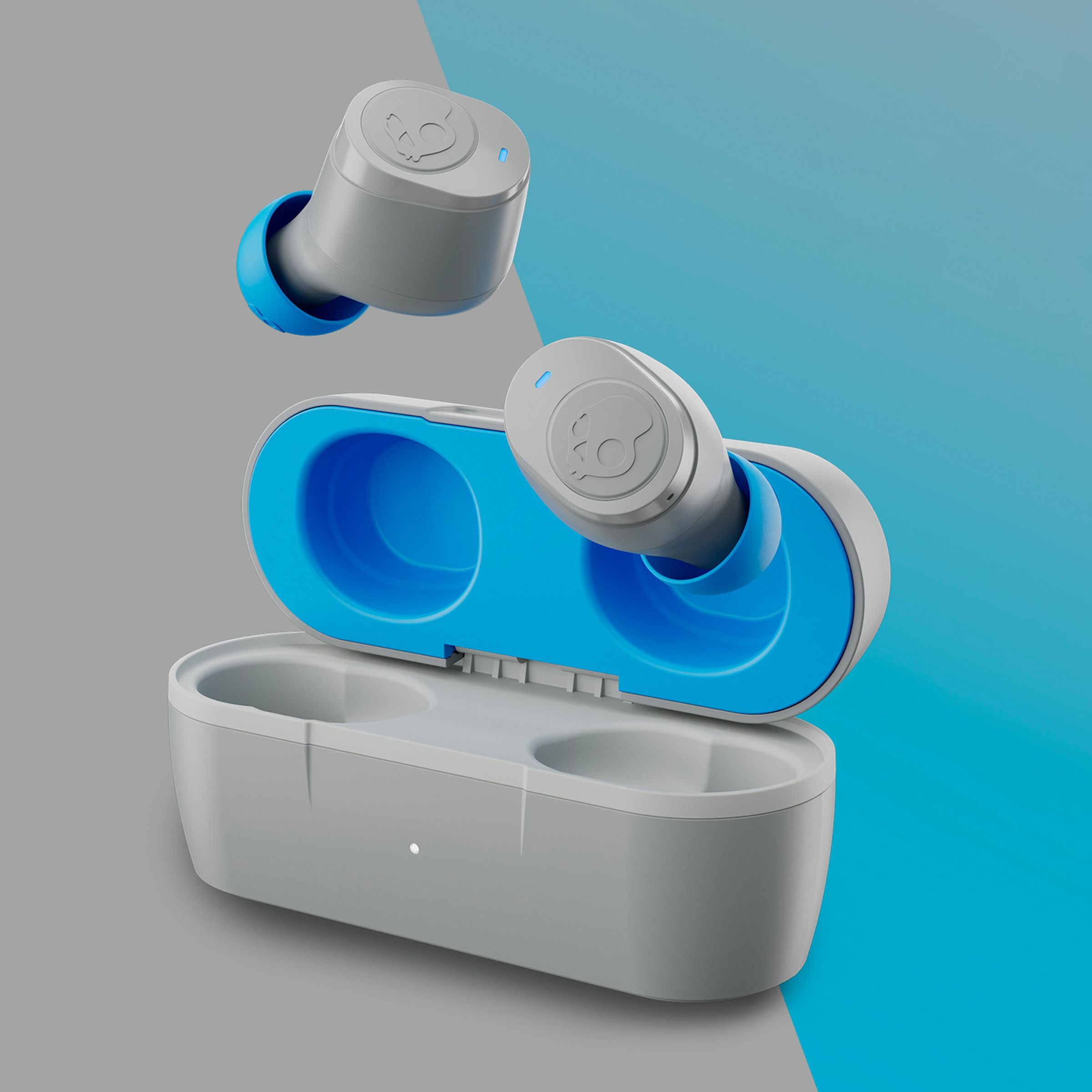 The Skullcandy Jib True 2 wireless earbuds in gray and light blue colorway with their color-matched case.